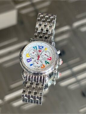 Michele Silver Stainless Steel Bracelet Watch with Multicolor Dial